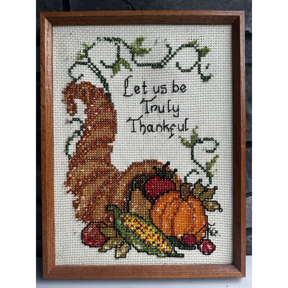 Vintage Horn Of Plenty Cornucopia Crewel Cross Stitch Thanksgiving Framed Art